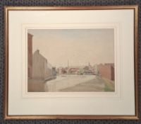 A 20th century watercolour village canal scene by Ursula MacDonald (1903-1985) in a glazed gilt