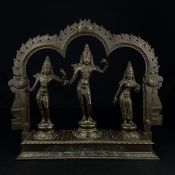 A 19th century Indian bronze figure group altar in four parts depicting the Hindu deities Vishnu,