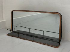 A vintage style wall hanging bathroom or hall mirror having a rectangular plate with curved