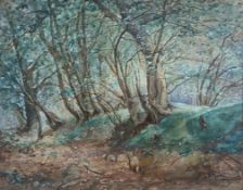 A 20th century watercolour, rabbits on a woodland path, signed to the lower right in a glazed gilt