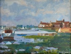 Frank Lynton Giles (1910-2003), a 20th century oil on board depicting boats and buildings on an