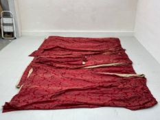 Three pairs of red silk damask curtains. L.230 W.95cm (each individual curtain)