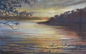 A contemporary pastel landscape, moody skies over a lake at sunset, signed C. Lawrie to the lower
