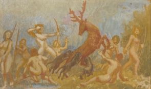 A 20th century classical style watercolour depicting a hunting group with dogs and deer in a