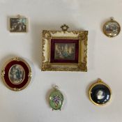 Two miniature 19th century style portrait paintings on ivorine in ornate glazed gilt wood and