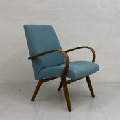 A mid-century Danish teak lounge armchair having a square back and curved seat upholstered in duck-