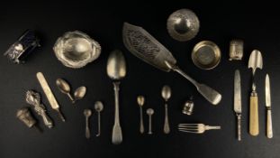 A mixed collection of hallmarked silver to include a large Georgian fiddle pattern serving spoon and
