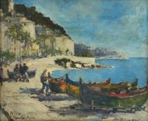 A C.1900 Continental School Impressionist oil on board, figures and boats on a coastal landscape