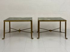 A pair of 20th century French style lamp tables each having a square faux onyx top raised on four