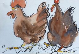 A contemporary figural ink and wash drawing, abstract chickens, signed to the lower right in a