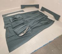 A set of three pairs of vintage needlework teal curtains with matching pelmets. L.310 W.106cm