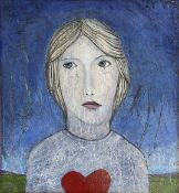 A contemporary oil on board, portrait of a woman in a birdseye maple frame. H.57 W.52.5cm