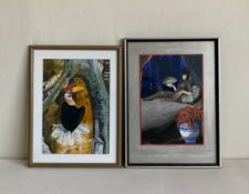 Two acrylic paintings on paper to include a signed portrait of a Great Hornbill perched in a tree