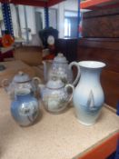 Mixed porcelain to include a part Japanese tea set and two Royal Copenhagen vases with marks. H.18cm