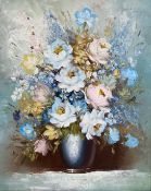 A vintage acrylic painting on canvas, still life flowers and vase, signed to the lower left in a
