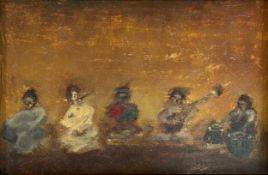 An early 20th century Indian school oil on board depicting a band of five seated musicians in