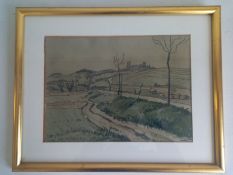 A 20th century pastel study of a rural landscape, signed to the lower right in a glazed frame.