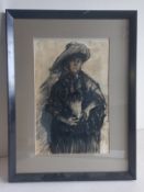 A 20th century ink drawing on paper, portrait of a lady, signed to the lower left in a glazed frame.