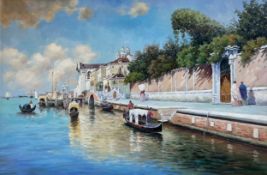 A large 20th century Impressionist style oil on canvas depicting figures and gondolas in a