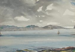 A 20th century watercolour on paper depicting sailing boats on a coastal seascape in a glazed gilt