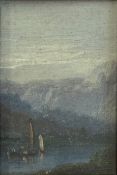 A miniature early 20th century oil on board, sailing boats on a lake in a mountainous landscape,