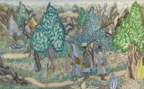 A mid-century African Cyrene Mission School pen and watercolour painting titled 'Harare' by
