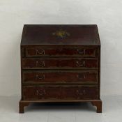 A Georgian mahogany bureau having a fall front hand painted with a central floral cartouche