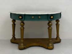 A Victorian painted console table having a shaped d-end white marble thumb moulded top over a