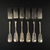 A set of six silver hallmarked fiddle pattern forks with engraved crests by John & Henry Lias,