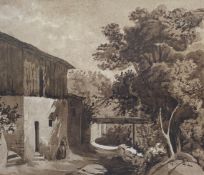 A 19th century ink and wash study of a figure in a rural Continental village in a glazed frame. H.38