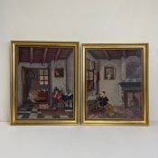 A pair of 20th century Dutch Genre style needlework tapestries depicting seated figures n the
