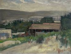 George Weissbort (1928-2013), a mid 20th century oil on board depicting figures in a rural