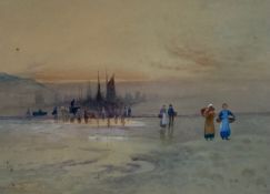 An early 20th century watercolour depicting fisherfolk landing fish in a Cornish coastal