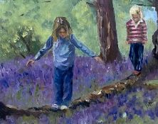 A contemporary oil on paper titled 'Playing in the Woods' by Jackie Herbert, signed to the lower