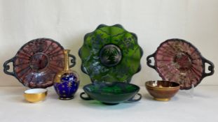 A mixed collection of glass and porcelain to include four Venetian silver-overlayed green and