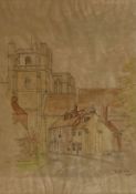 A pencil and watercolour study of a village church, signed Michael Butler and dated 1973 to the