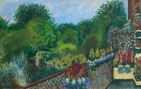 A mid 20th century oil on board, balcony garden scene, signed and dated 1966 to the lower left in