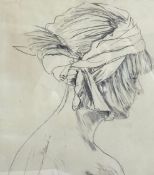 A contemporary pencil portrait of a lady in headdress in a glazed frame. H.63 W.54cm