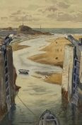 A 20th century pen and watercolour study of a boat at a lock on an estuary, signed R. J. Swan and