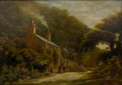 A 19th century English School oil on board, figures next to a country cottage in a gilt frame. H.