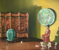 A 20th century oil on board, Oriental still life, signed L. G. Coxhead to the lower left in a