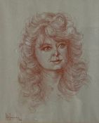 A contemporary sanguine portrait titled 'Jackie' by Peter Sanderson, signed and dated 1985 to the
