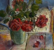 A contemporary oil on canvas laid board, still life vase and roses, signed E. Fowler and dated