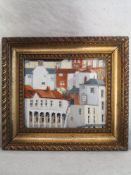 A contemporary oil on board, view of buildings and rooftops from above in a gilt frame. 25x22cm