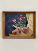 A 20th century Modernist style oil on board, abstract still life flowers and plant pots, signed