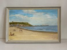 A contemporary oil on board depicting figures at the seaside, signed J. Clark to the lower left in a
