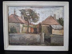 A 20th century English School oil on board depicting rural farm buildings in muted colours, signed