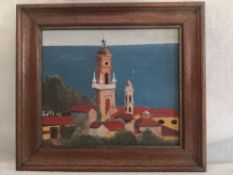 A 20th century oil on board, view of a church spire in a coastal Continental landscape, framed.