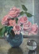 A 1970s oil on board titled 'Queen Elizabeth Roses' by Lisa Cleave, signed to the lower left in a