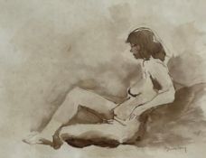 A 20th century ink and wash reclining nude study, signed to the lower right in a glazed gilt